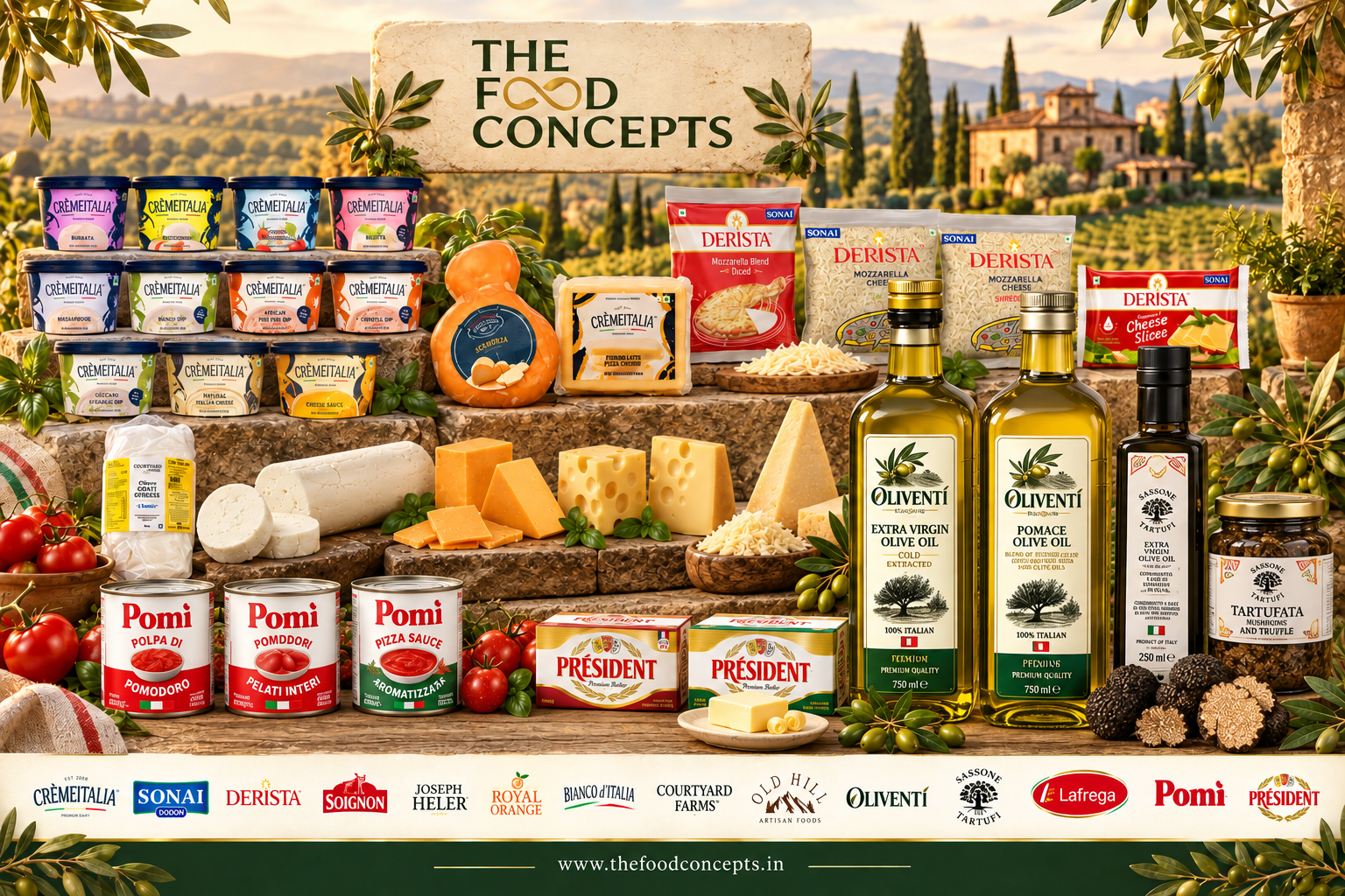 The Food Concepts product collection and brand logos against an Italian countryside backdrop